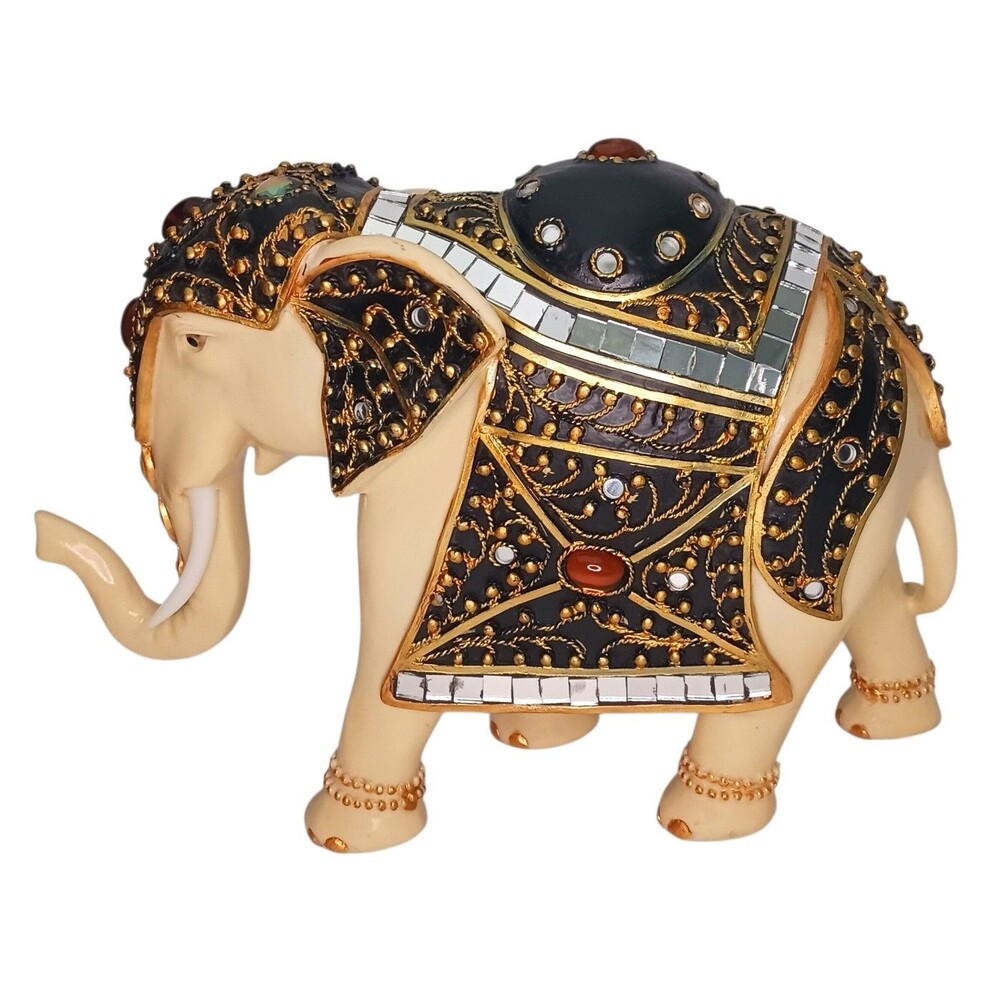 Vtg Ornate Jeweled Beaded Mirrored Mosaic Elephant India Art Figurine Statue